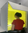 Desktop Soundproof Vocal Booth Portable Acoustic Foam Cube Shield Noise Isolating Mic Windscreen Pro Rig Streamer in use