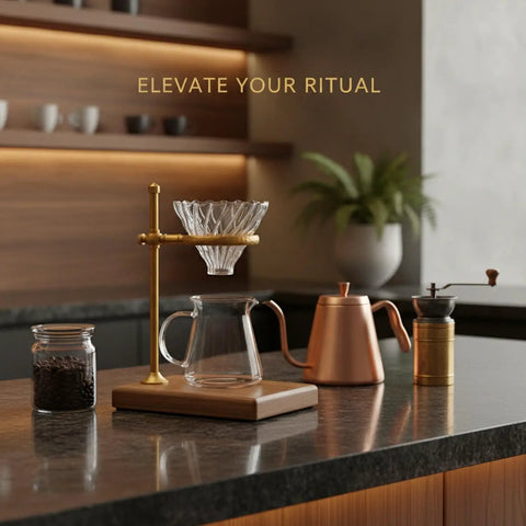 Premium Heavy Duty Copper Alloy Pour Over Coffee Dripper Stand With Weighted Stable Cone Filter Holder For Smooth Top Shelf Brewing Station Setup Game Changer on kitchen counter.