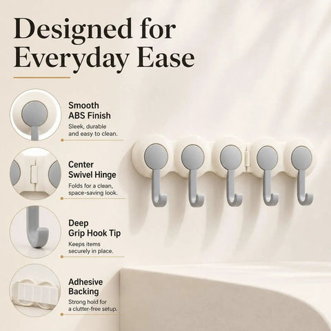 Hassle Free Peel And Stick Wall Hooks With Six Swiveling Rotating Arms For Hanging Bath Towels Kitchen Tools And Daily Gear Directly On Any Smooth Surface with smooth ABS finish.