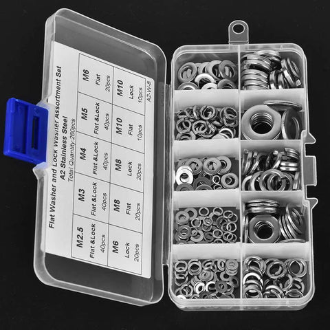 Heavy Duty Stainless Steel Washer Set With 260 Pcs Spring And Flat Washers In Seven Sizes M2.5 To M10 Rust Resistant Assortment Kit For Home Workshop And Factory Use, clear box