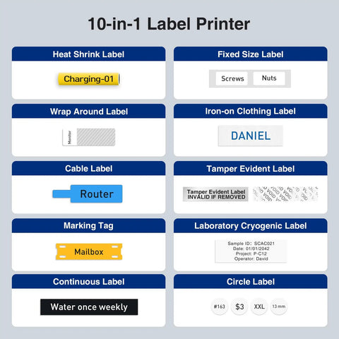 Ultra Handy Mini Portable Label Maker With Heat Shrink Tubes For Home Garage And Office Organization Rechargeable 1200mAh Battery Gives Weeks Of Use Supports Cable Continuous And Fixed Size Labels. 10-in-1 label printer showing heat shrink, fixed size, wrap, cable and circle labels