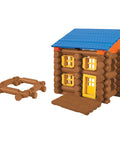 Oak Creek Lodge Wooden Building Set With 137 Real Maple Logs showing assembled house with blue roof and extra logs