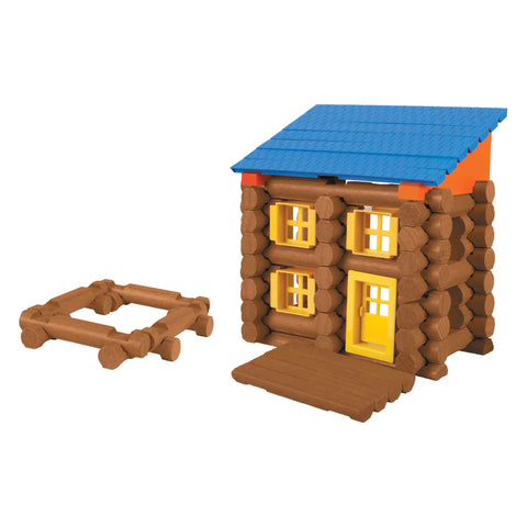 Oak Creek Lodge Wooden Building Set With 137 Real Maple Logs showing assembled house with blue roof and extra logs