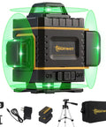 Laser Level 4x360 Degree Self Leveling With Tripod And Remote High Precision Auto Level 150 Ft Range Tilt Alarm One Eighth Inch Accuracy At 33 Ft 360 Degree Laser Lines For Indoor Construction And DIY Projects, with tripod and accessories