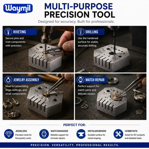 Hexagonal Jewelry And Watchmaker Anvil Block Hardened Steel For Staking Riveting Drilling And Shaping Small Parts With 15 Holes And 5 Slots Bench Tool For Jewelry Repair And Metalworking shown in use for riveting, drilling, and assembly.