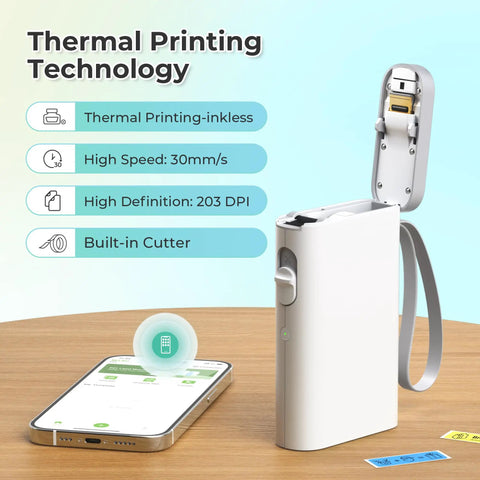 Super Slick Wireless Bluetooth Label Maker With Three Tape Rolls And Protective Case Ultra Compact Pocket Printer showcasing thermal printing technology and smartphone connection.