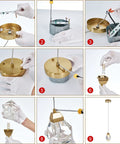 Installation steps for 1 Light Diamond Crystal Pendant Light Dope Glow Mini Ceiling Hanging Fixture in gold brass.