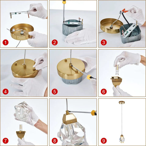 Installation steps for 1 Light Diamond Crystal Pendant Light Dope Glow Mini Ceiling Hanging Fixture in gold brass.