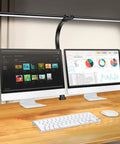 Double Head LED Desk Lamp For Home Office With 31.5 Inch Wide Spread, 5 Color Modes, Stepless Dimming, 24W, over dual monitors
