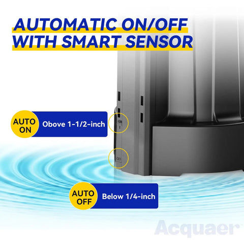 1/3 HP Submersible Water Pump 115V Auto On Off Sensor, 2160 GPH High Flow Sump Pump showing automatic sensor activation levels.