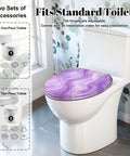 Elongated Abstract purple liquid marble watercolor glitter Toilet Seat installed on a standard toilet, showcasing adjustable hinges.
