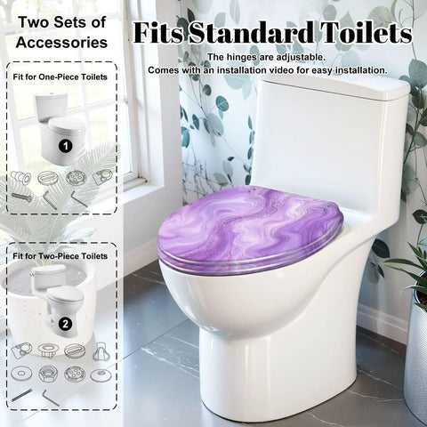 Elongated Abstract purple liquid marble watercolor glitter Toilet Seat installed on a standard toilet, showcasing adjustable hinges.