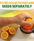 Primtronic Electric Citrus Juicer With Large 24 Oz Capacity And Seed Filter Auto Reverse Function Compact Design For Oranges Lemons Limes BPA Free Black Orange showing orange being juiced with the seed filter.