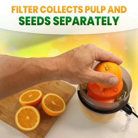 Primtronic Electric Citrus Juicer With Large 24 Oz Capacity And Seed Filter Auto Reverse Function Compact Design For Oranges Lemons Limes BPA Free Black Orange showing orange being juiced with the seed filter.