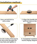 Installation guide for Vintage Oval Drop Swing Drawer Pulls in Antique Brass, showing step-by-step process with drill and cabinet