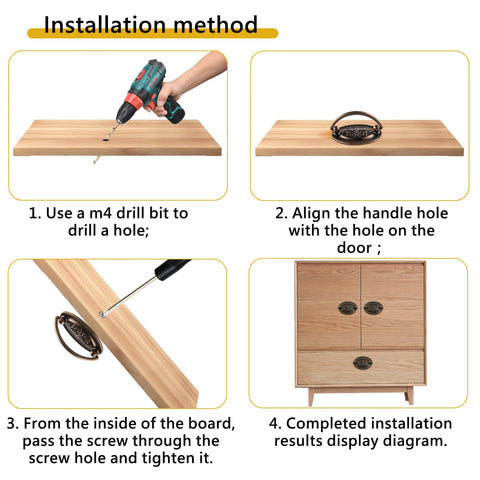 Installation guide for Vintage Oval Drop Swing Drawer Pulls in Antique Brass, showing step-by-step process with drill and cabinet