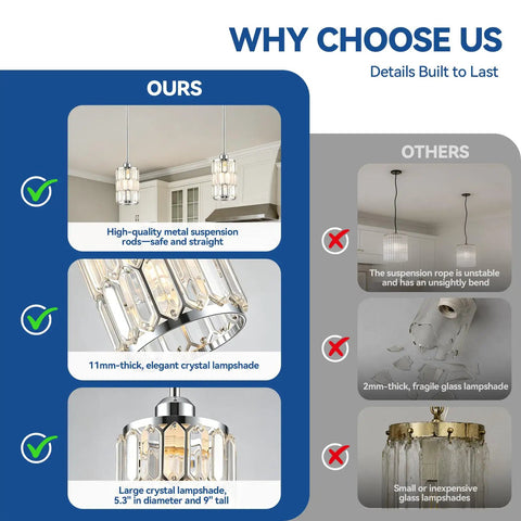 etiruety Adjustable Modern Crystal Chrome Pendant Lights Kitchen Island comparison showing quality and design features.