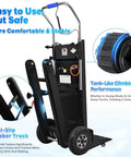 Heavy Duty Electric Stair Climbing Dolly With Big Wheels, 1250W Motor Power, Foldable Aluminum Alloy Hand Truck, showing anti-slip rubber track and stable design.