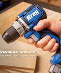 Top Shelf Pocket Hole Jig 720 Pro With Killer 20 Volt Cordless Drill Driver Combo Kit showing variable speed trigger for enhanced control.