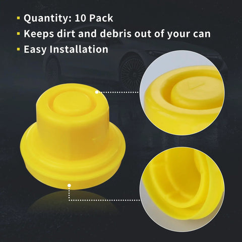 Blitz Yellow Gas Can Spout Cap Top Hat Style Universal Fit Self Venting Replacement Cap 10 Pack for Spouts close-up view
