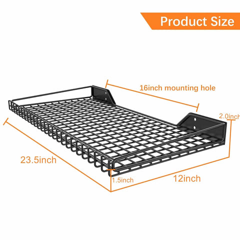 2 Pack Heavy Duty Garage Wall Shelves Built Tough, 23.5 x 12 Inches, black metal shelving with dimension labels, side view.