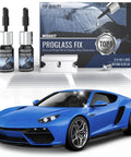 Hassle Free Windshield Chip And Crack Repair Kit Featuring Thick Uv Cure Resin For Bullseye Star And Straight Damage Super Simple Auto Glass Patch that shows two bottles of resin and a blue sports car.