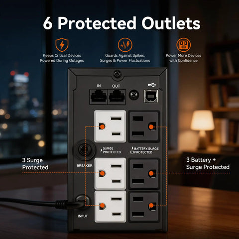 Rock Solid 1500VA 800W UPS Battery Backup And Surge Protector With Six AC Outlets And LCD Display showing six protected outlets.