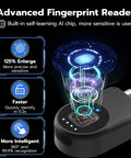 Advanced fingerprint reader of Fingerprint Cable Lock 14 Inch With Bluetooth Keyless Biometric Padlock showcasing AI technology.