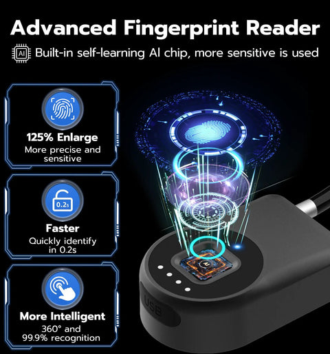 Advanced fingerprint reader of Fingerprint Cable Lock 14 Inch With Bluetooth Keyless Biometric Padlock showcasing AI technology.