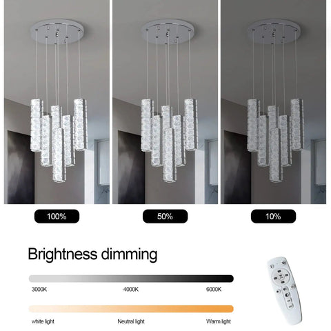 Dimmable Modern LED Crystal Pendant Lights Fixture for Kitchen Island Dining Room with brightness levels and remote control.