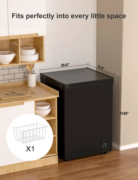 Ultra Quiet 5.0 Cu Ft Deep Freezer With Compact Design For Home And Small Shops in a kitchen corner, showing dimensions.