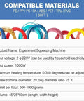 Experiment Squeezing Machine specifications with compatible material types and dimensions for 3D printing use.