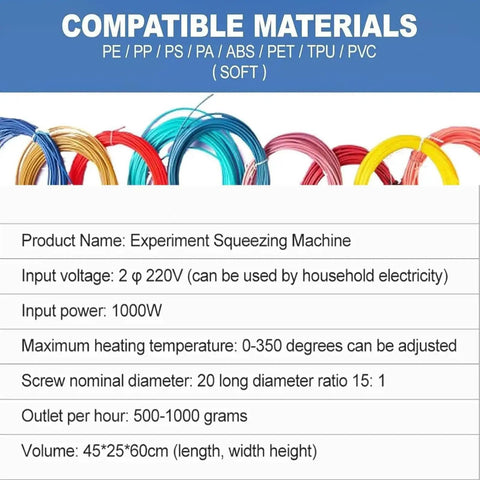 Experiment Squeezing Machine specifications with compatible material types and dimensions for 3D printing use.