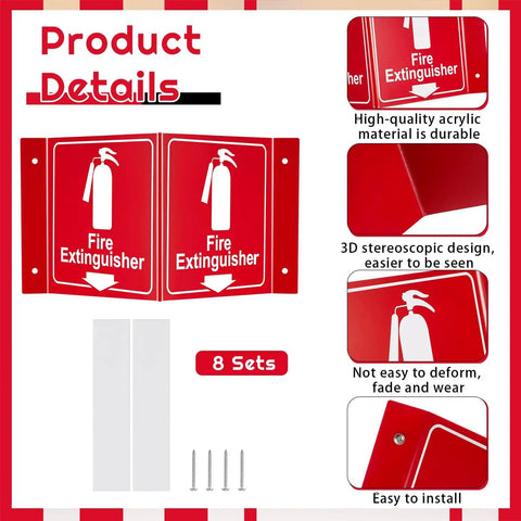 8 Pack 3D Fire Extinguisher Signs With Down Arrow For Easy Emergency Guidance, Double Sided Acrylic V Sign, mounting hardware included