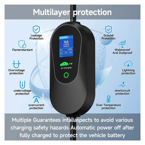 Slick Grab And Go Ev Charger With 3600W Fast Charge features multilayer protection and digital display for safety monitoring.