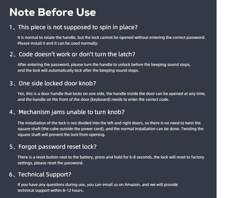 Screenshot of user guide for keyless entry door lock with troubleshooting and technical support instructions.