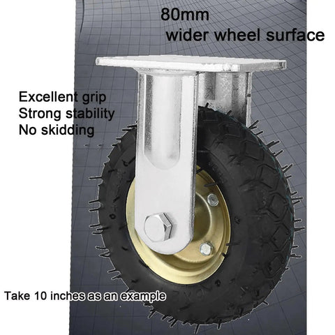Heavy Duty Beefy Rubber Caster Wheels With Air Filled Tires That Rolls Smooth On Any Surface Includes Two Swiveling Casters And Two Fixed Brackets close-up of an 80mm rubber caster wheel with a steel mounting plate for stability.