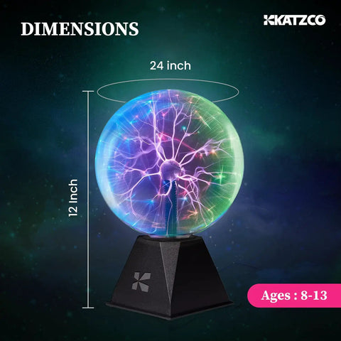 Eight Inch Interactive Plasma Ball Nebula Glow Globe With Touch And Sound Reactive Modes on stand, dimensions listed