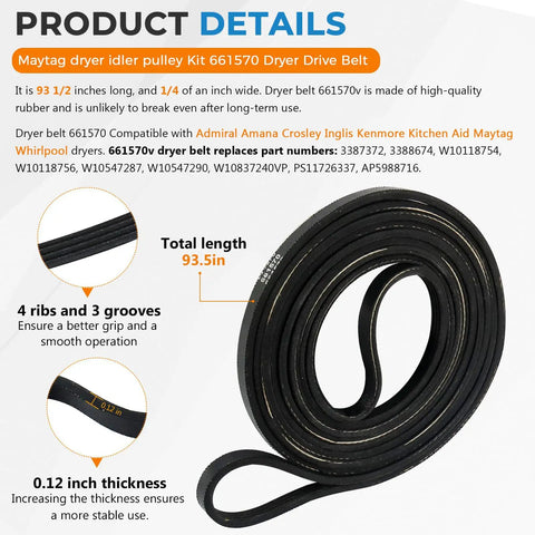 Upgraded Dryer Drive Belt Kit With Idler Pulley And Pulley Kit 661570V 661570 279640 W10837240 Fits Whirlpool Maytag Kenmore