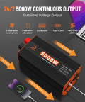 Heavy Duty 5000W Power Inverter Converts 12V DC To 120V AC With 3 AC Outlets And USB Type C Ports Built Different For RV Truck Boat Tailgating And Off Grid Solar Adventures, showing ports and features.