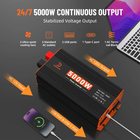 Heavy Duty 5000W Power Inverter Converts 12V DC To 120V AC With 3 AC Outlets And USB Type C Ports Built Different For RV Truck Boat Tailgating And Off Grid Solar Adventures, showing ports and features.