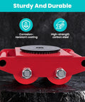 Heavy Duty 10 Ton Machinery Moving Skates Set Of 4 With 20000 Lbs Load Capacity, showcasing red carbon steel dolly with wheels.