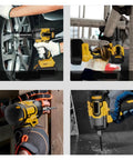 Super Powerful Cordless Impact Wrench With Brushless Motor And Heavy Duty High Torque Design Perfect For Auto Repair Woodworking And Scaffold Projects Lightweight Ergonomic Grip Allows Seamless Use Anywhere, shown in use on tires, scaffolding, wood, and metal.