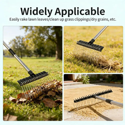 Adjustable Thatch Rake With 63 Inch Telescoping Handle And 16 Inch Steel Tine Head For Lawn Care