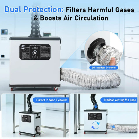 Heavy Duty Laser Solder Fume Extractor With 210 Watt Brushless Motor And Badass 360 Cubic Meter Per Hour Suction, featuring exhaust hose.