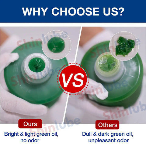 Comparison of FS2 7 Beefy Heavy Load Grease 700ml Bellows Cartridge with competitor showing green oil quality differences.