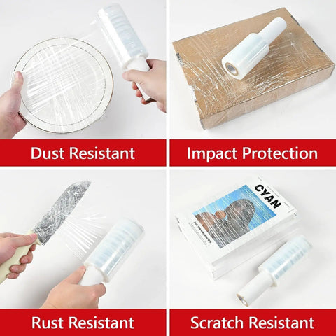 5 Inch X 492 Ft Stretch Roll Handle, Self Adhesive Shrink Film for Packing Moving Storage used for protecting plates, boxes, and books.