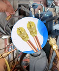 Close-up of brass copper HVAC Schrader valve adapters, 1/4 in SAE to 1/4 in OD, 3.54 in stem for AC charging
