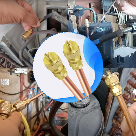 Close-up of brass copper HVAC Schrader valve adapters, 1/4 in SAE to 1/4 in OD, 3.54 in stem for AC charging
