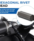 Close-up of hexagonal rivet head on 2 In 1 Chainsaw Chain Breaker And Rivet Spinner Tool, durable steel, easy to use.